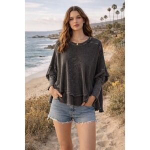 FP One Free People Womens XL Charcoal Gray Waffle Knit Thermal High Low Top